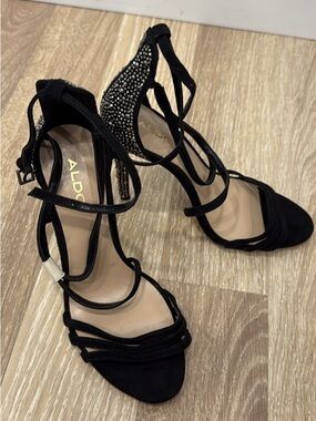 ALDO Black Strappy Crystal-Detail Ankle Wrap Heels